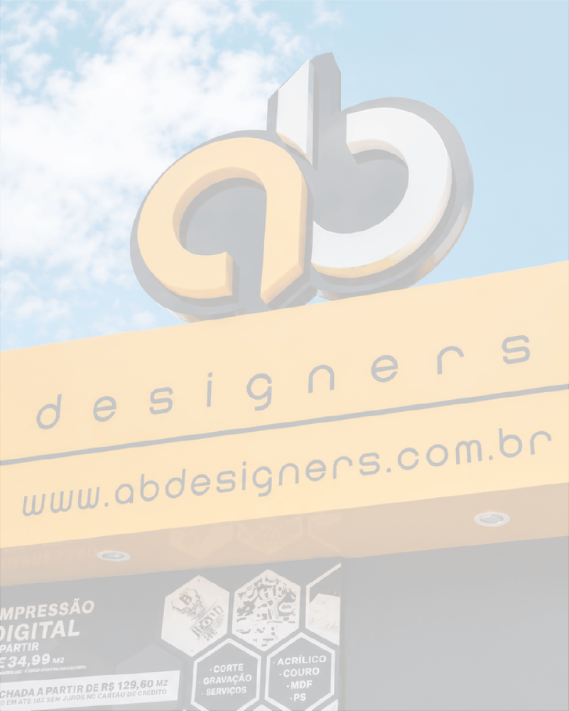Fachada comercial premium da AB Designers com letreiro luminoso 3D na versão clara